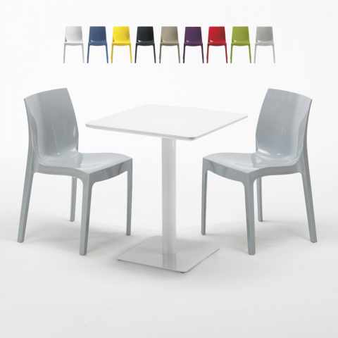 Mesa Quadrada Branca 60x60 cm com 2 Cadeiras Coloridas Ice Lemon