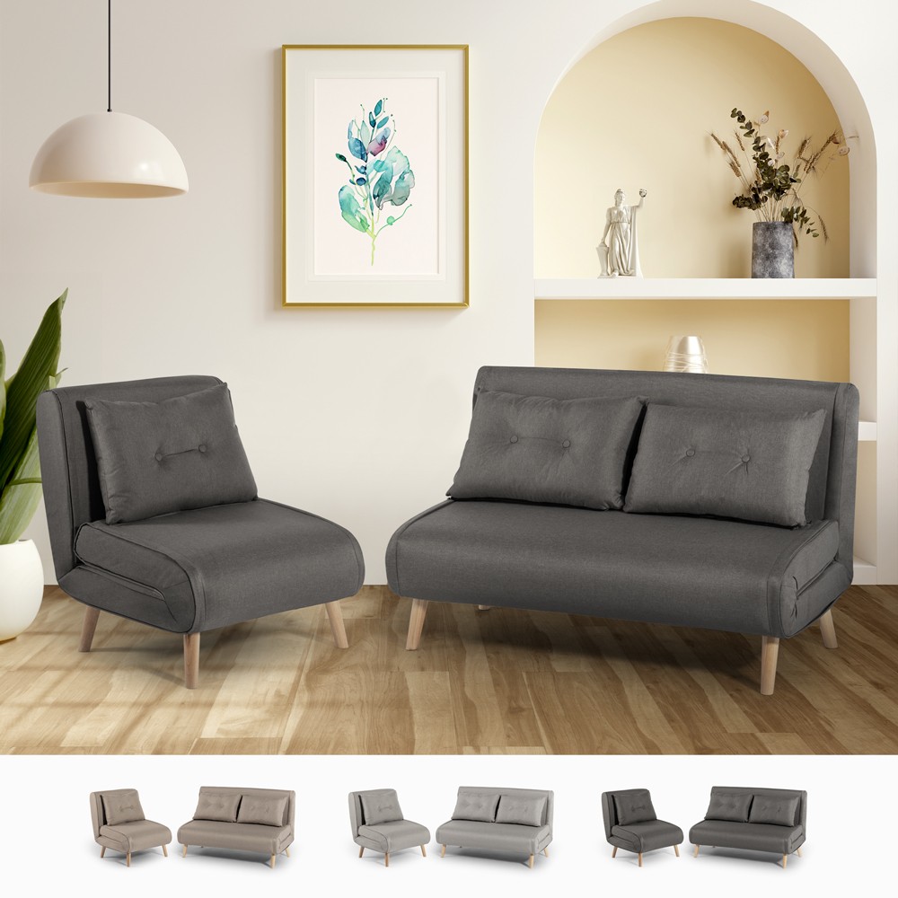 Conjunto sofá-cama + poltrona dobrável 2 lugares de estilo escandinavo em tecido Sienna