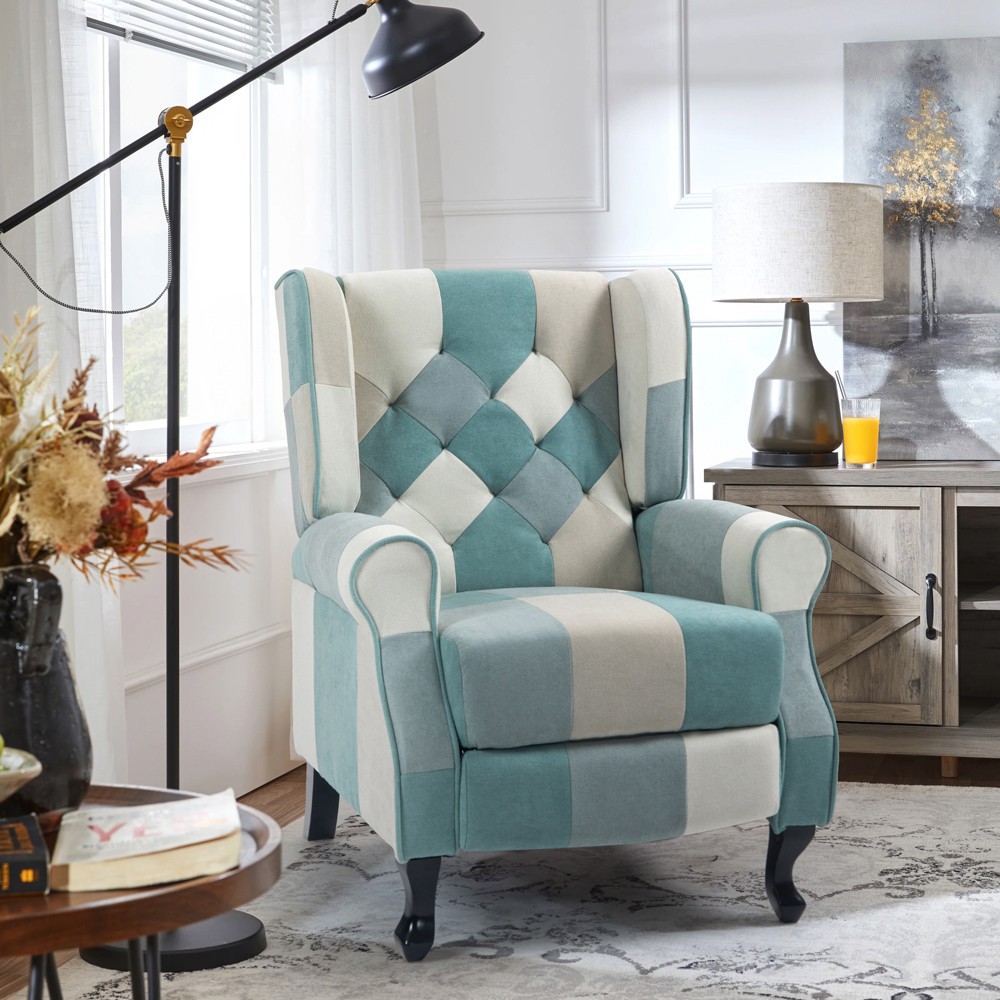 Poltrona patchwork relax bergère reclinável com apoio de pés azul Ethron