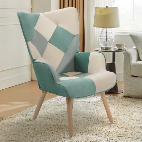 Poltrona lounge estilo patchwork escandinava de madeira branca azul Chapty Promoção