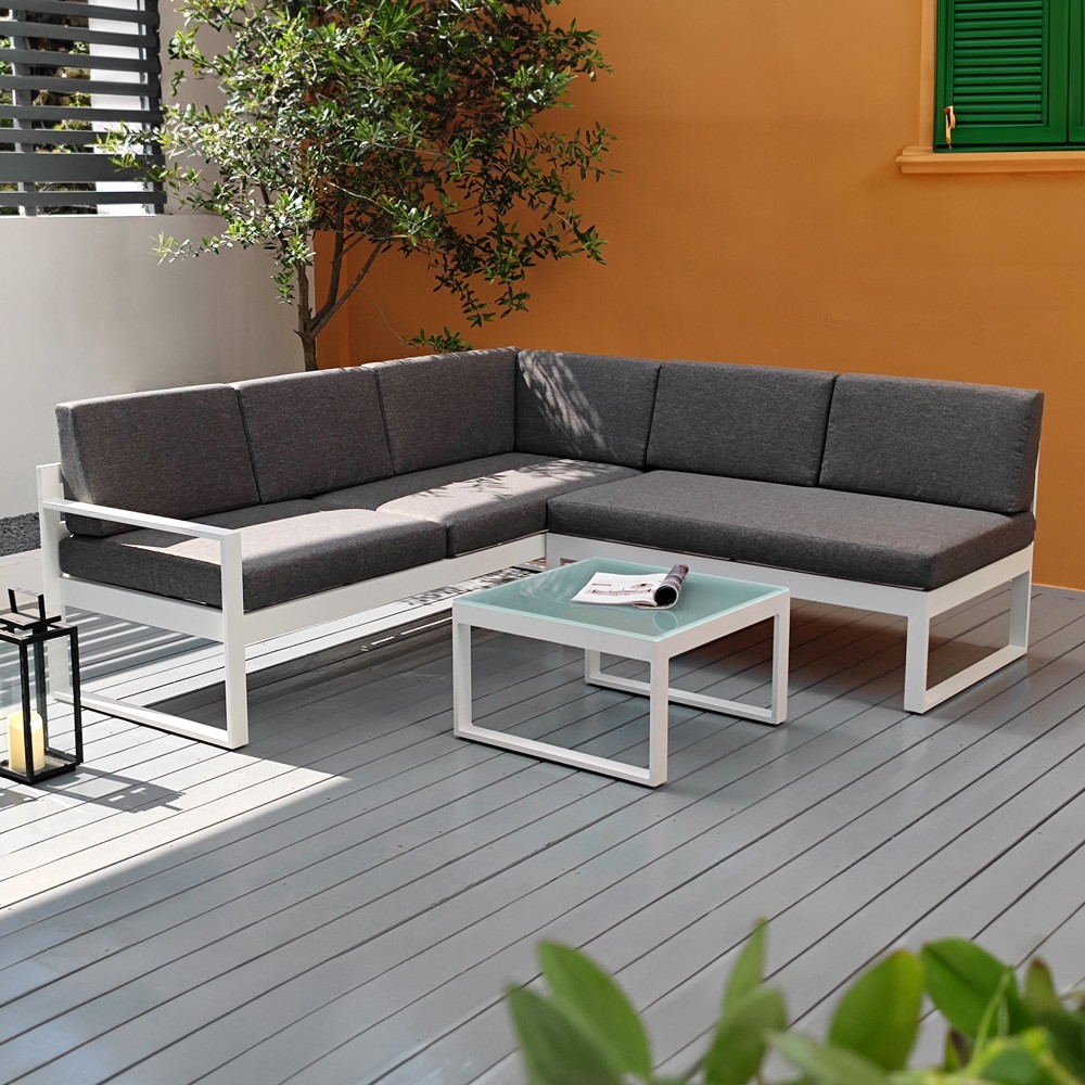 Conjunto de jardim exterior sofá de canto + mesa de centro de vidro Jamila