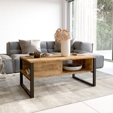 Mesa de café baixa 100x60cm madeira metal estilo industrial Maupin Promoção