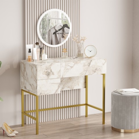 Armário de maquilhagem espelho 3 gavetas mármore branco pernas douradas Helier Promoção