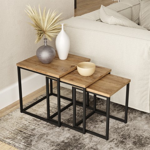 Conjunto de 3 mesas de centro em estilo industrial madeira metal preto Leron Promoção