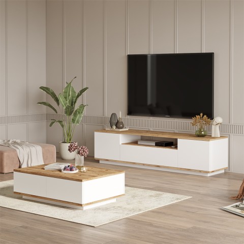 Armário de TV 3 portas + mesa de centro branca em madeira design moderno Award Promoção