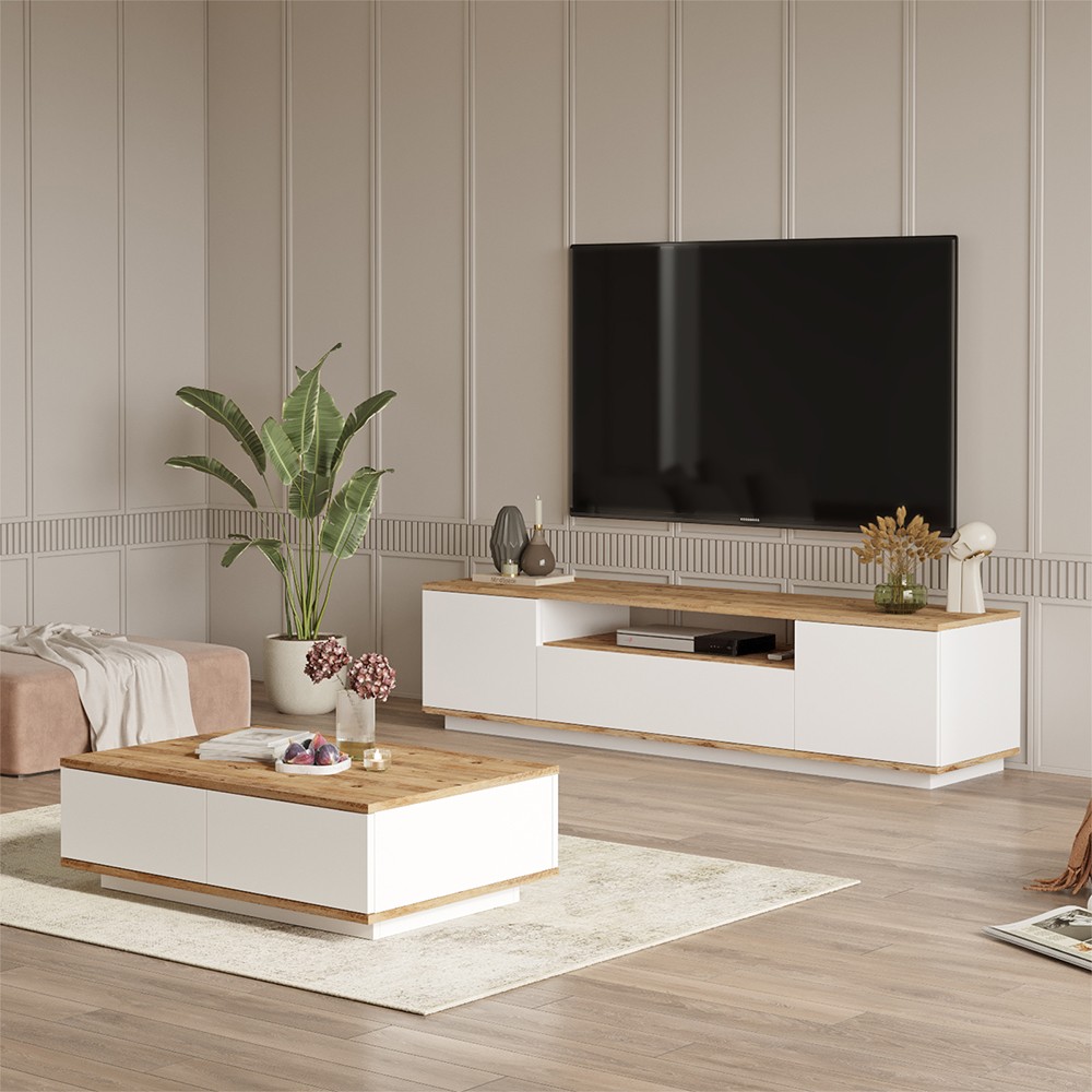Armário de TV 3 portas + mesa de centro branca em madeira design moderno Award