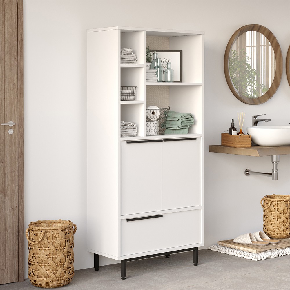 Armário móvel multiuso para casa de banho ou cozinha com 3 portas moderno branco Lester