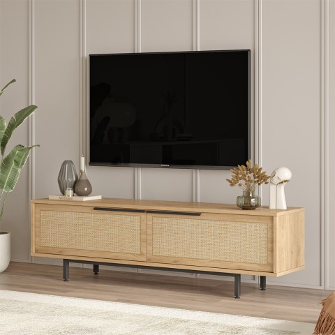 Móvel de TV de apoio 160x36cm em madeira com 2 portas de efeito vime Bayeaux Promoção