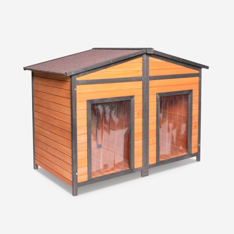 Cuccia de madeira para exterior para cães de porte médio 150x79x110 de entrada dupla Oscar Promoção