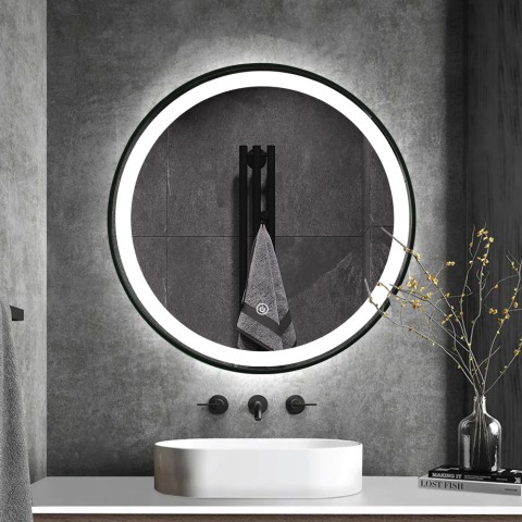 Espelho de banheiro retroiluminado led redondo 60cm moldura preta Smidmur M Promoção