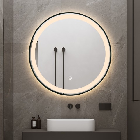 Espelho de banheiro LED redondo 80cm retroiluminado moldura preta Smidmur XL Promoção