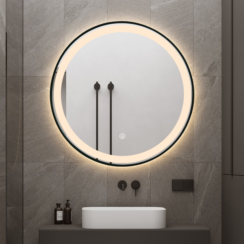 Espelho de banheiro LED redondo 80cm retroiluminado moldura preta Smidmur XL