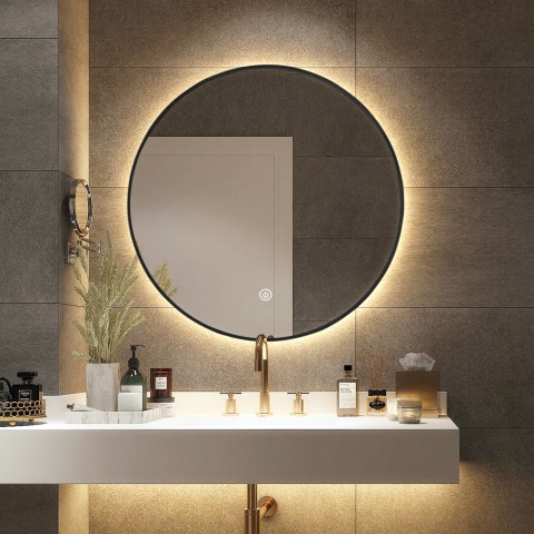 Espelho de banheiro LED redondo 70cm iluminado por trás moldura preta Laugarv L Promoção