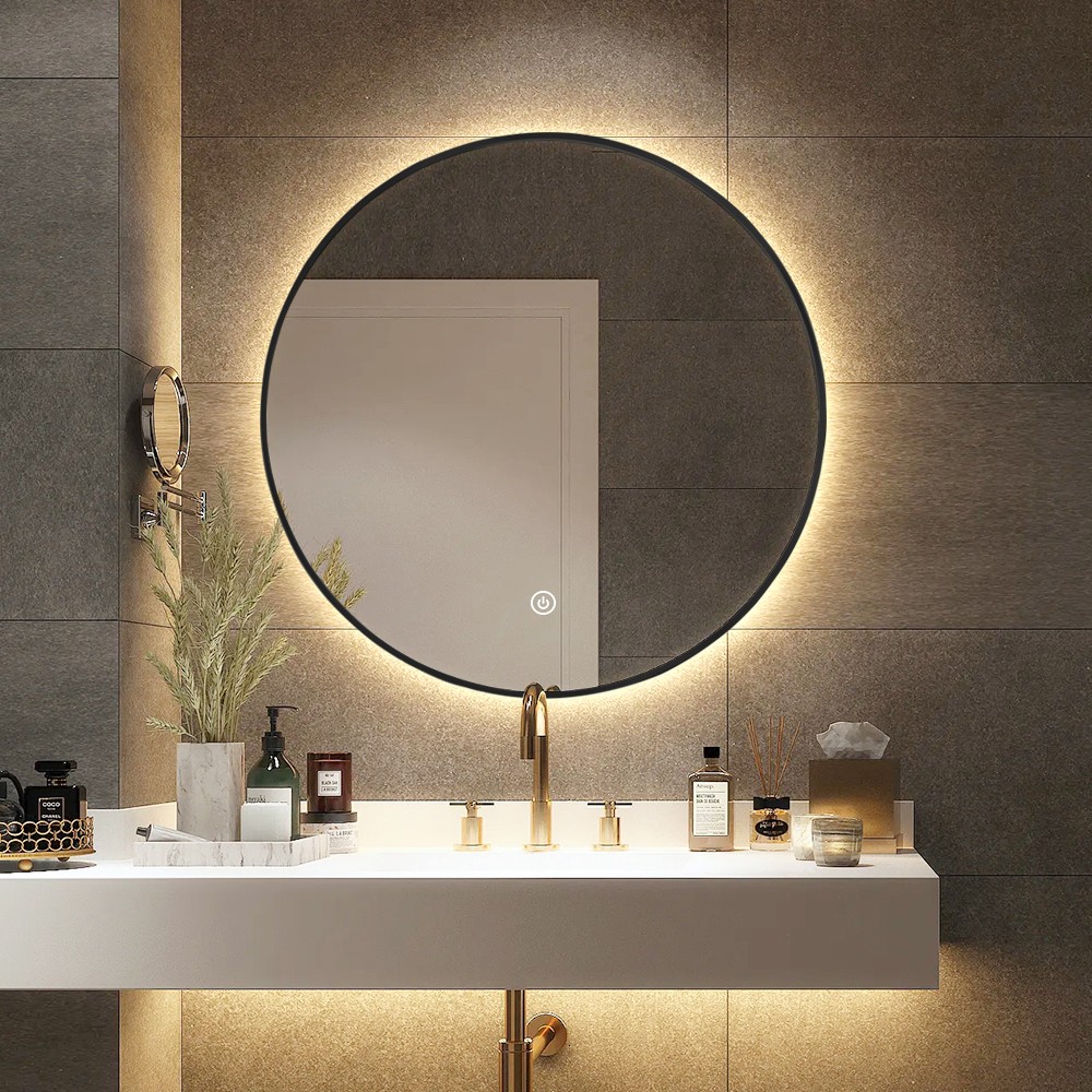Espelho de banheiro LED redondo 70cm iluminado por trás moldura preta Laugarv L