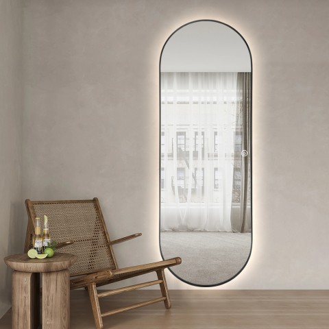 Espelho oval de parede para sala de estar 65x170cm iluminado por trás moldura Reyk Promoção