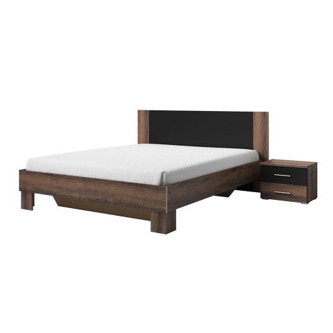 Cama de casal preta 160x200 2 mesas de cabeceira de carvalho com estrado de ripas Kivel Promoção