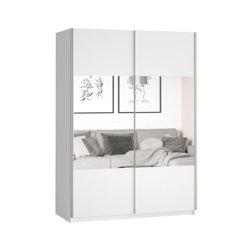 Roupeiro branco de quarto com portas deslizantes e espelho 120x61x210 Many Promoção