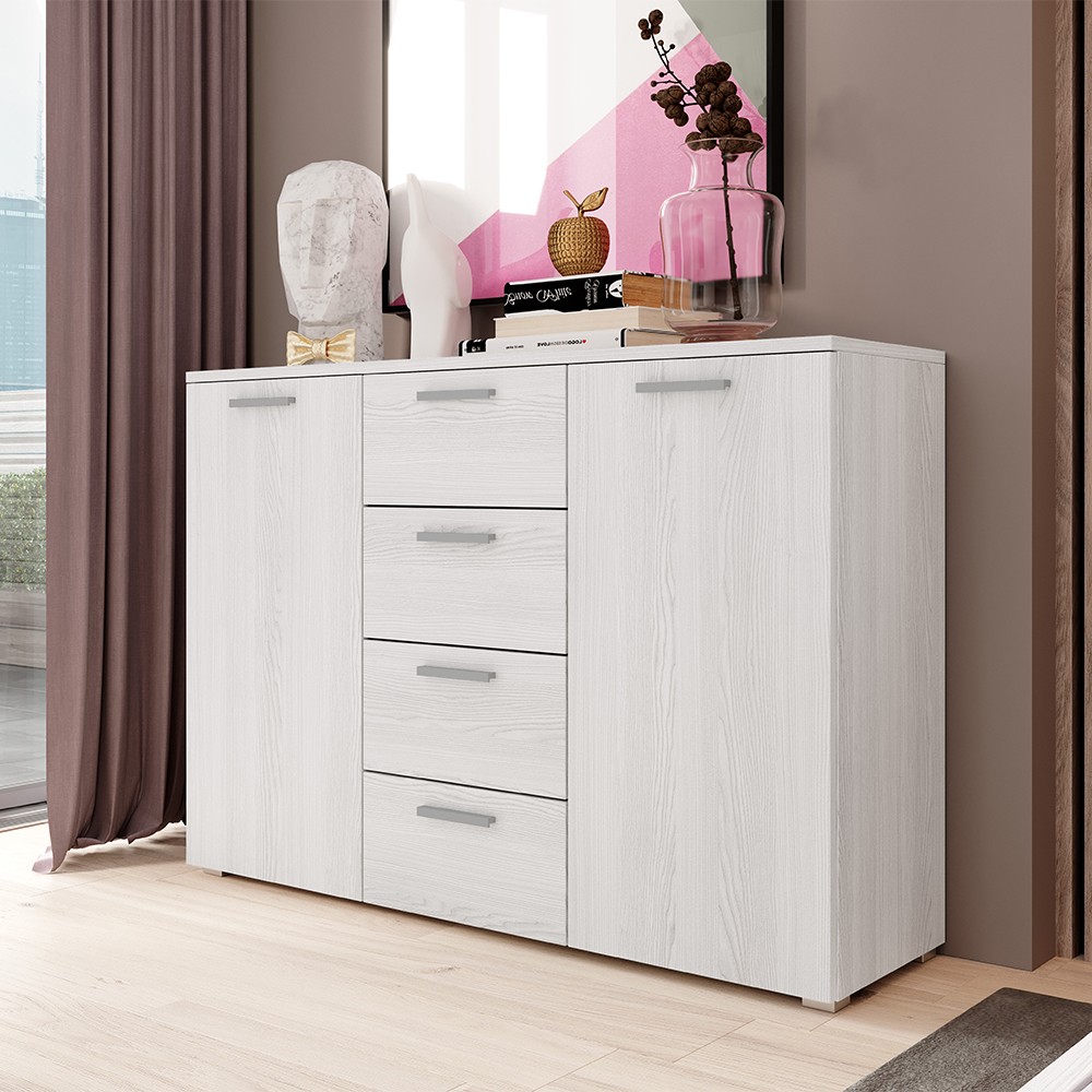 Cómoda de quarto branca com 4 gavetas e 2 portas em madeira 132x38x93cm Lemere