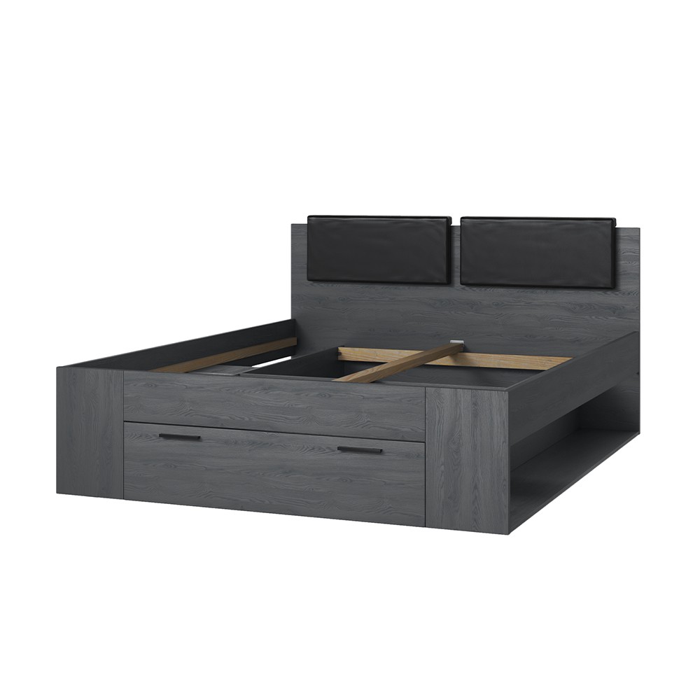 Cama de casal 160x200 com estrado de ripas e arrumação em carvalho escuro Tiara