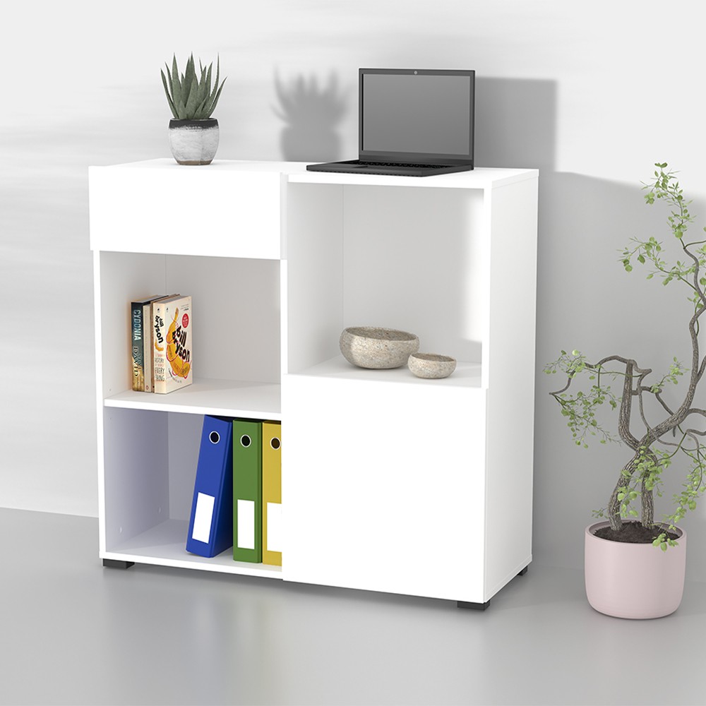 Estante de escritório branca com porta de gaveta baixa e 2 prateleiras 90x35x89cm Habren