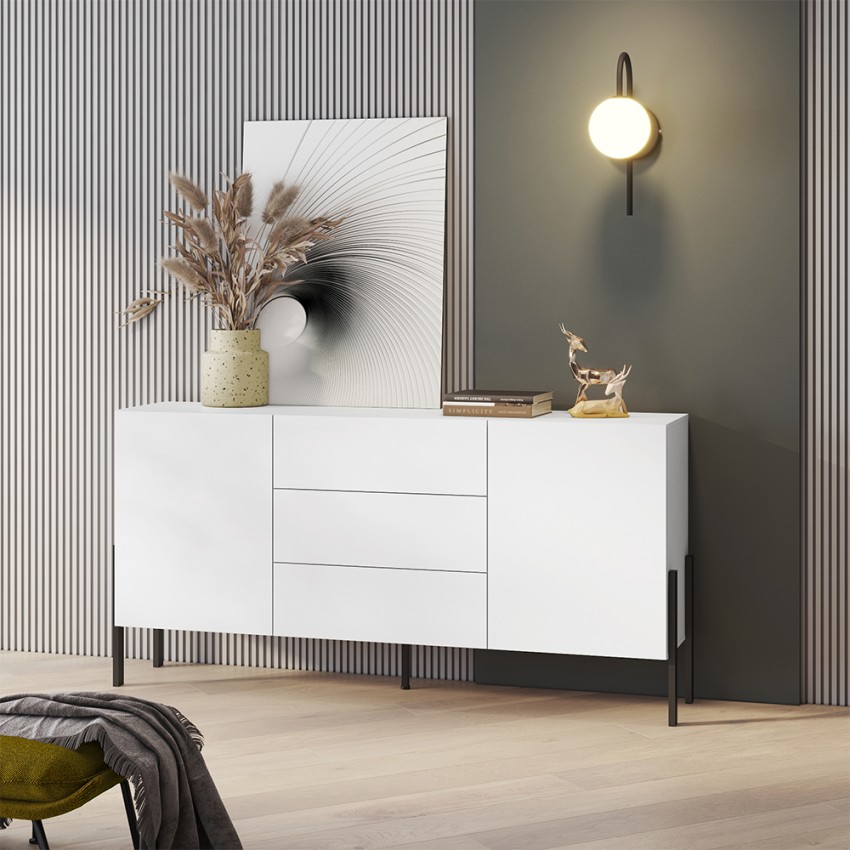 Armário moderno branco para sala de jantar com 2 portas e 3 gavetas Ducey Promoção Armário moderno branco para sala de jantar com 2 portas e 3 gavetas Ducey Promoção