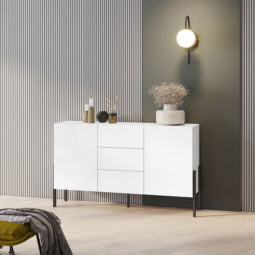 Cómoda moderna branca com 2 portas e 3 gavetas para cozinha e sala de jantar Kinsha Promoção Cómoda moderna branca com 2 portas e 3 gavetas para cozinha e sala de jantar Kinsha Promoção