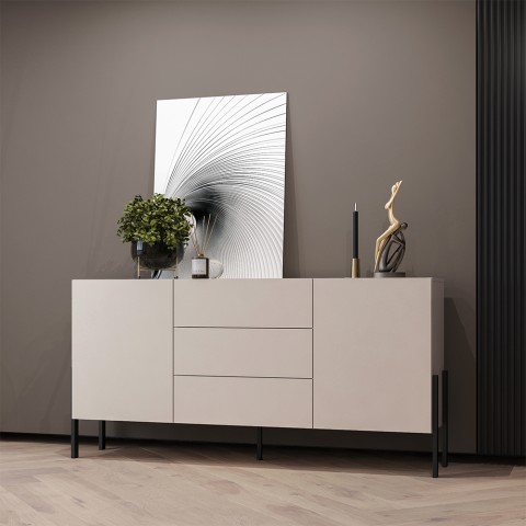 Cómoda bege para cozinha e sala de estar moderna com 3 gavetas e 2 portas 184x40x89cm Sibel Promoção