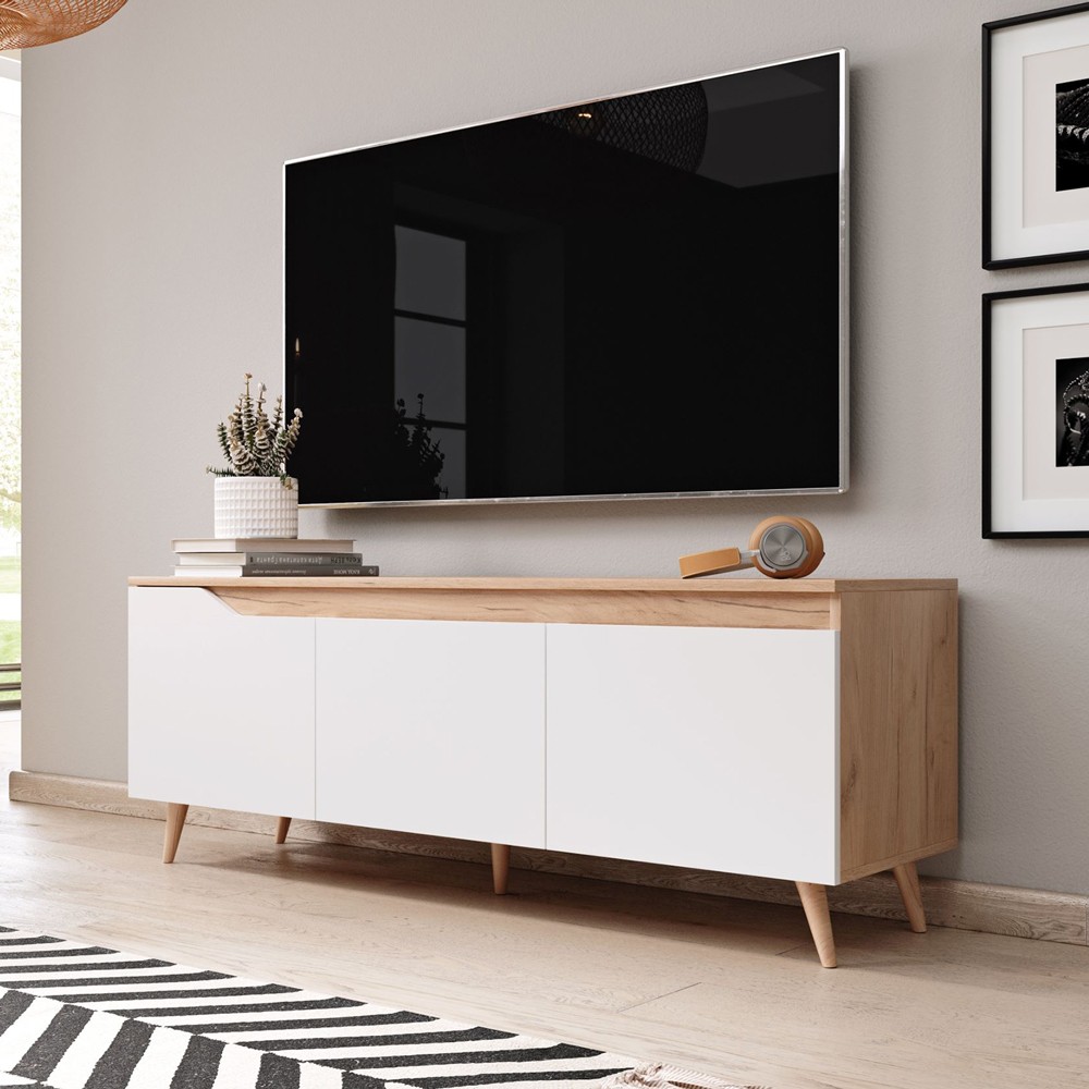 Móvel de TV moderno 140 cm escandinavo em madeira 3 portas branco opaco Muriel