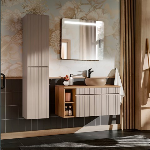Móvel casa de banho suspenso lava-louças de piso bege espelho armário Coast 100 SNA Promoção