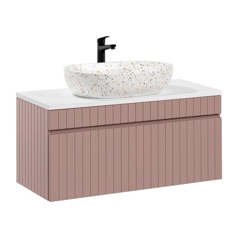 Móvel de casa de banho suspenso com lavatório de apoio cor-de-rosa e branco Lili 100 Promoção