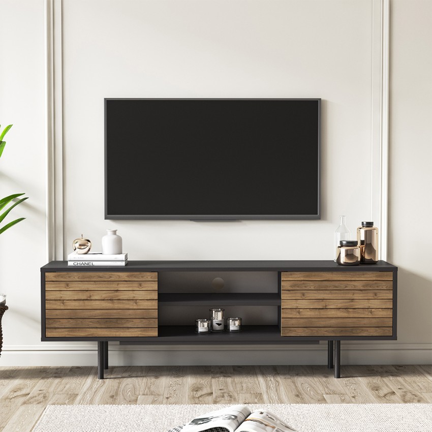 Móvel preto para TV com design moderno e portas de madeira 160x35x52cm Colosseo Promoção