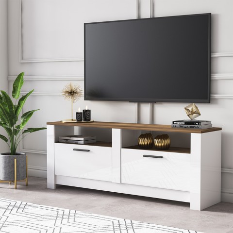 Móvel para TV sala de estar branco e madeira estilo clássico 2 portas Grau Promoção
