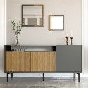 Móvel de sala moderno 150 cm preto com portas em madeira e 2 espelhos Fleury Promoção