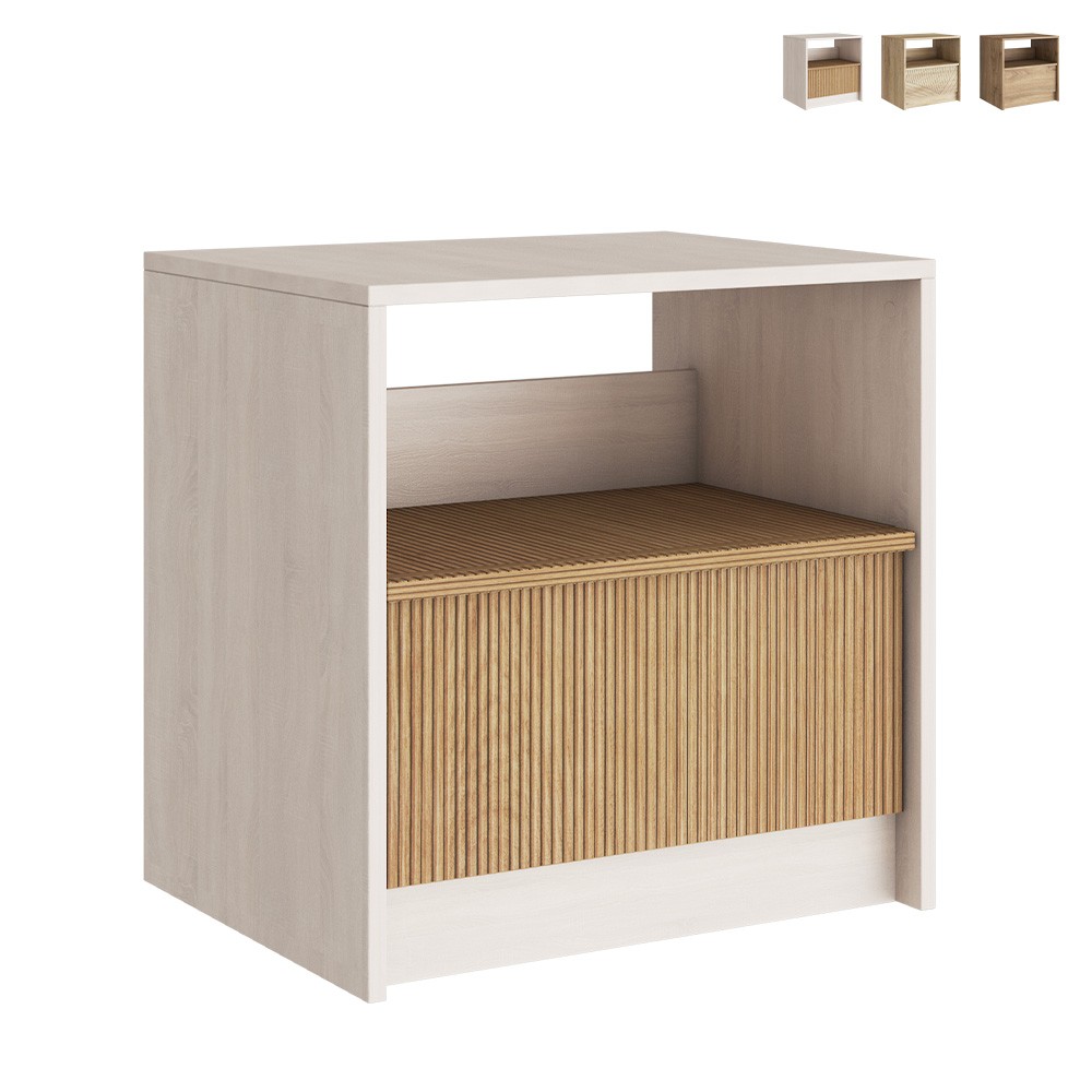 Mesa de cabeceira moderna em madeira para quarto com gaveta deslizante.