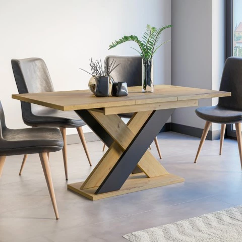 Mesa de jantar extensível moderna 120-160x90cm em madeira carvalho preto Xao Promoção