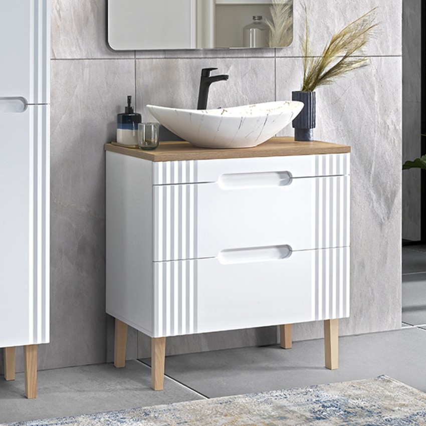 Móvel de lavatório de casa de banho branco em madeira efeito mármore Fiji Promoção Móvel de lavatório de casa de banho branco em madeira efeito mármore Fiji Promoção