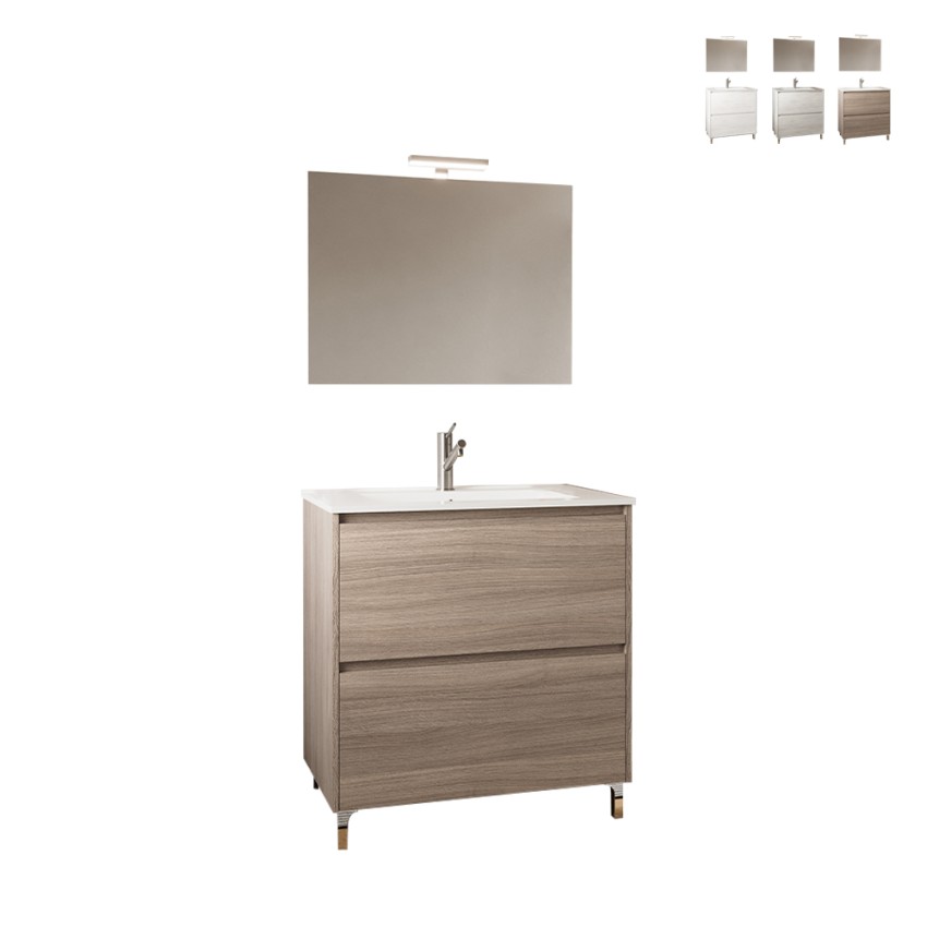 Móvel de chão para casa de banho moderno 80cm com pernas, lavatório e espelho Lisbona 80 Promoção