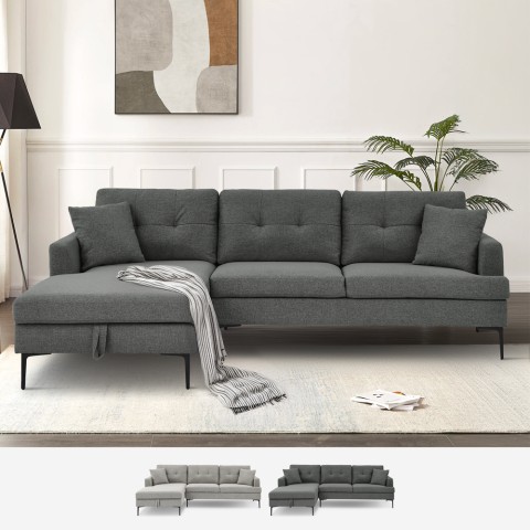 Sofá de 3 lugares em forma de L com chaise-longue e compartimento de arrumação em tecido cinzento Tangeri. Promoção