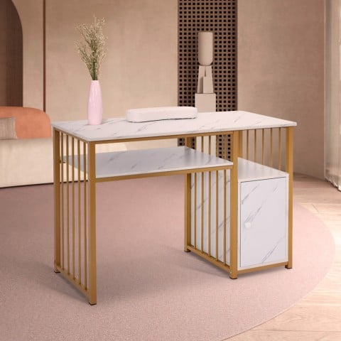 Mesa de manicure com efeito mármore e design em metal dourado Revin Promoção