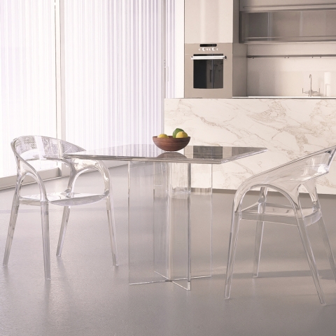 Mesa de jantar quadrada em policarbonato transparente 80x80cm Holden Promoção