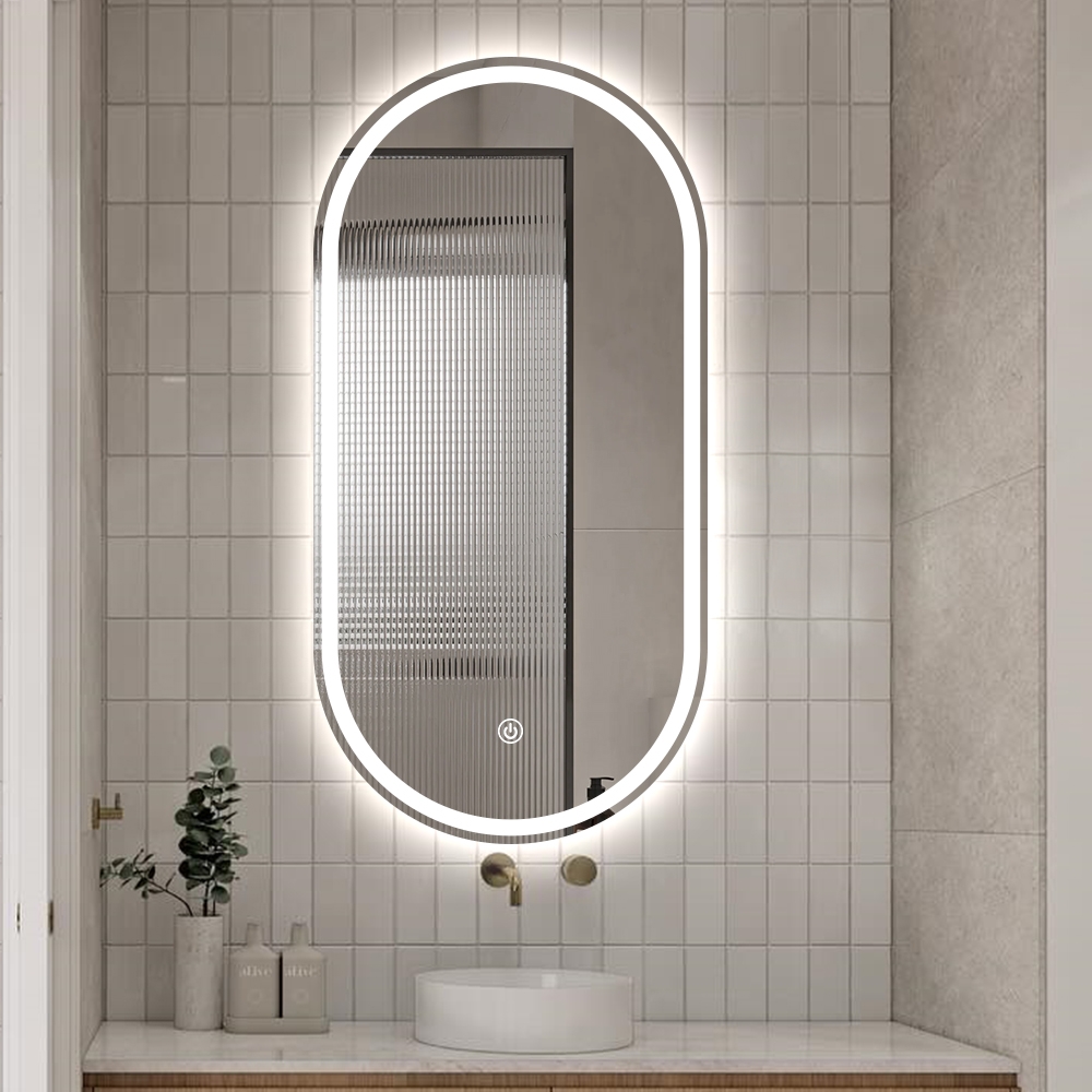 Espelho de casa de banho design oval retroiluminado com antienbaciamento Refur XL Promoção