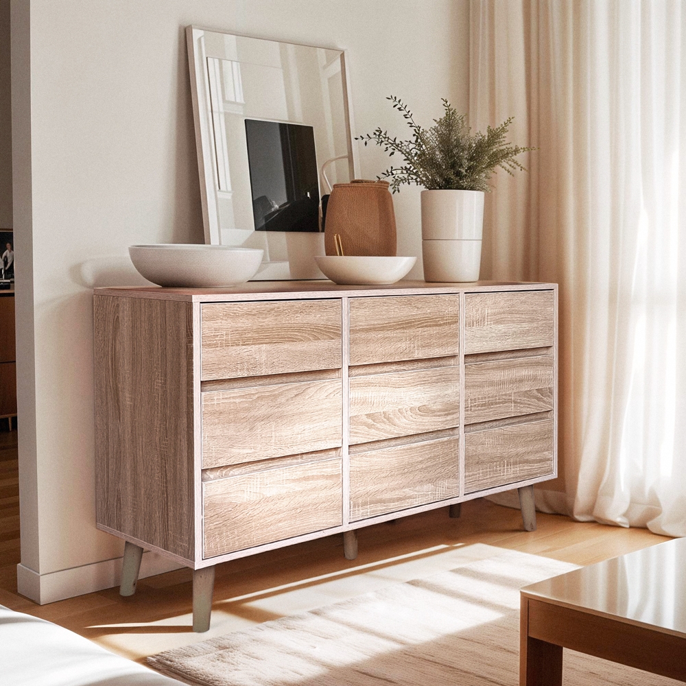 Cómoda em madeira para sala de estar 9 gavetas 120x40x72cm Vudan