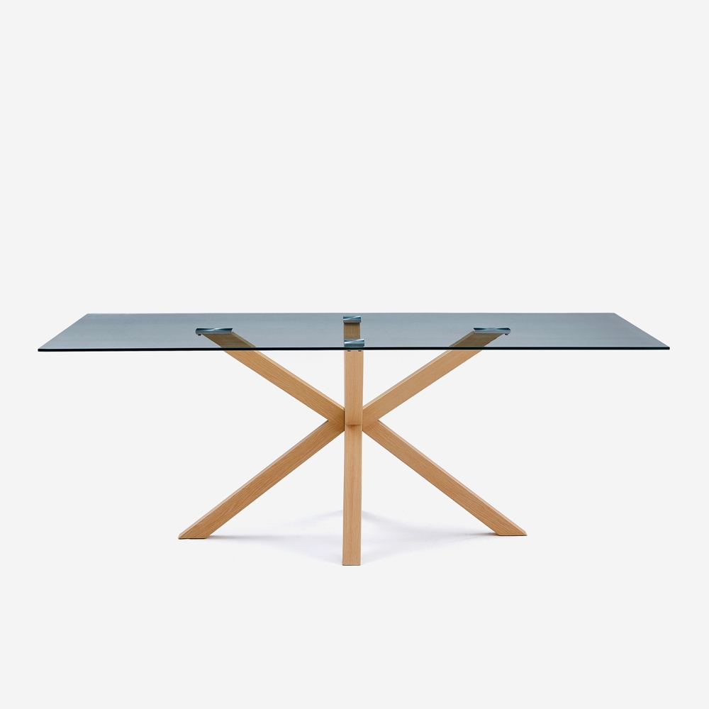 Mesa de design em vidro e madeira 200x100cm com pernas cruzadas Horo