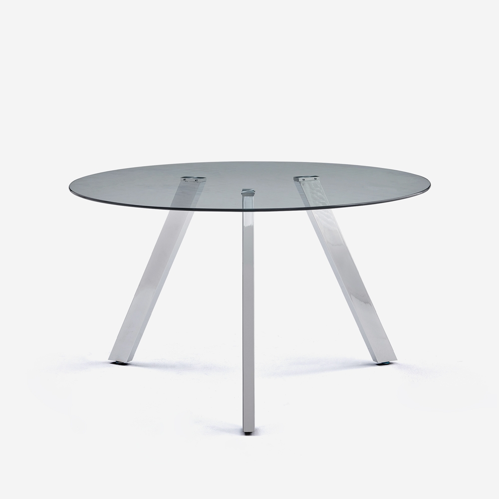 Mesa de design moderno em vidro redondo 130cm com pernas em metal Orun Promoção
