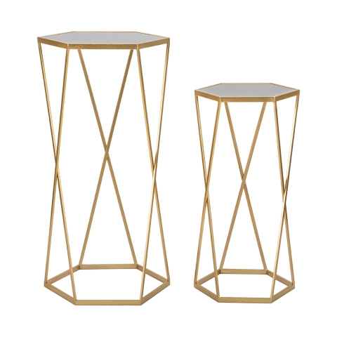 Dois Tabelas Hexagonais de Sala de Estar em Metal Dourado e Espelho Hexagonal Promoção