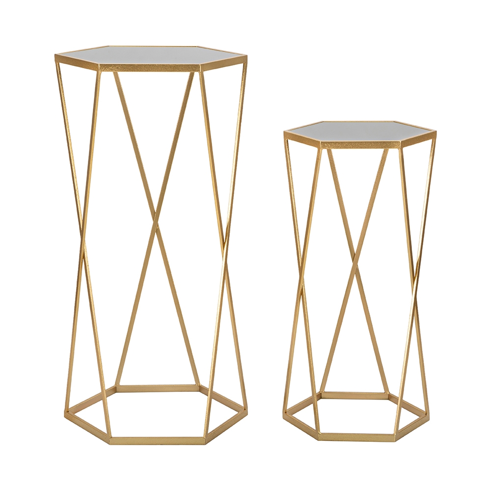 Conjunto de 2 mesas hexagonais de sala em metal dourado e espelho Esagonal