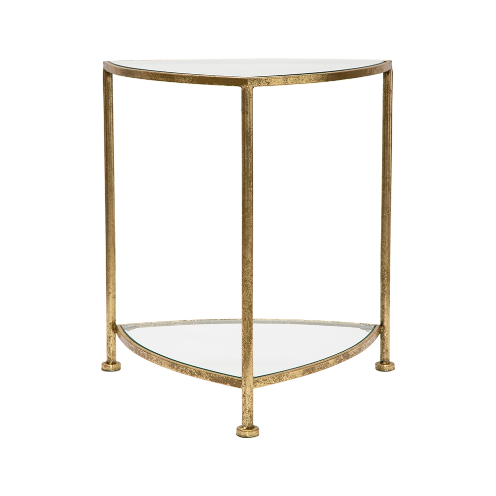 Mesa de cabeceira triangular com 2 prateleiras em metal dourado e vidro Triangle S