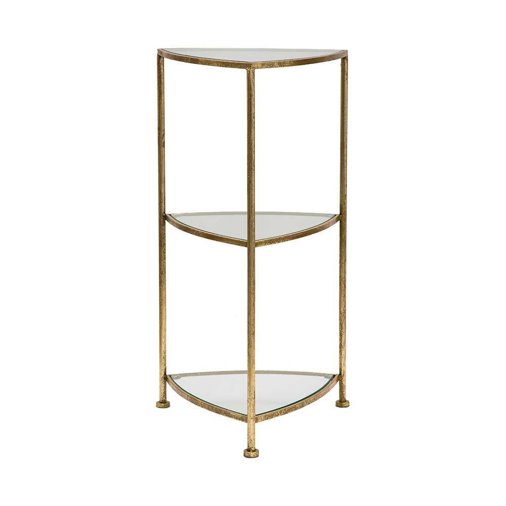 Mesa de canto Triangle M com 3 prateleiras em metal dourado e vidro