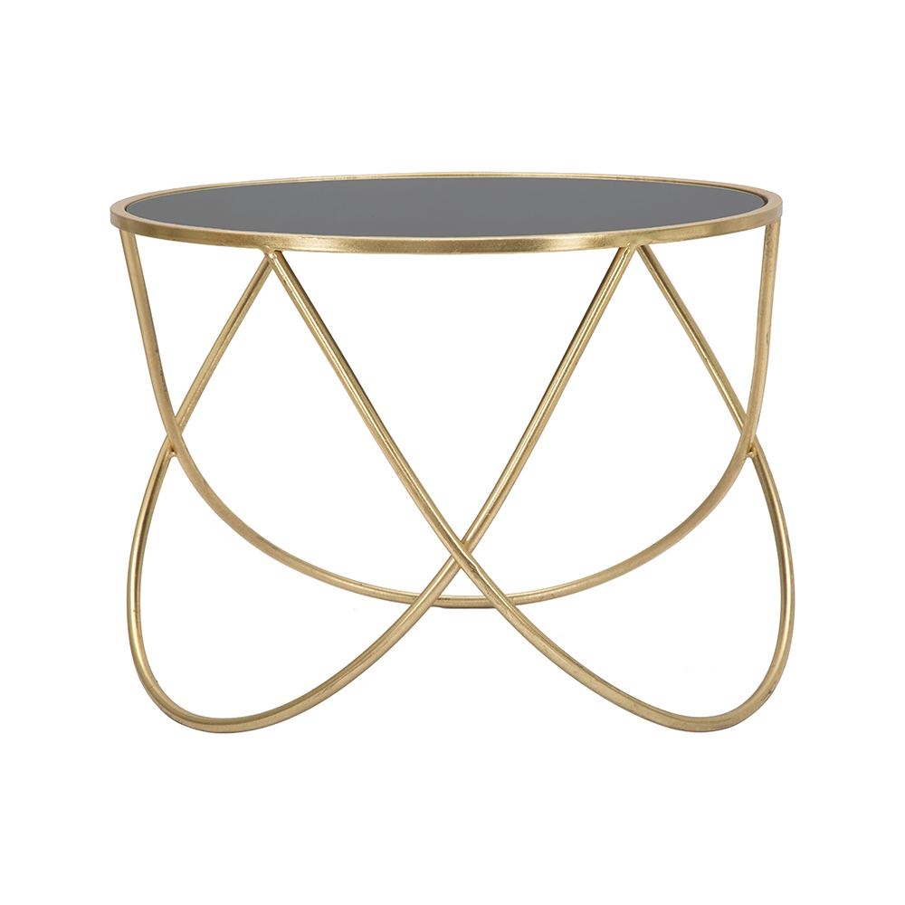 Mesa de centro moderna redonda 60cm metal dourado e vidro preto Ring