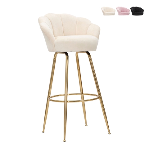 Banqueta de bar para cozinha com encosto floral pernas douradas h90cm Vienna Promoção